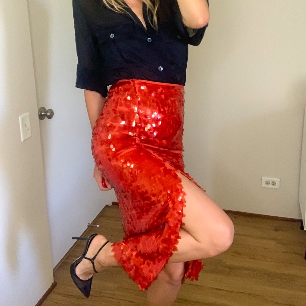 Zara Red Sequin Midi Skirt Size Small